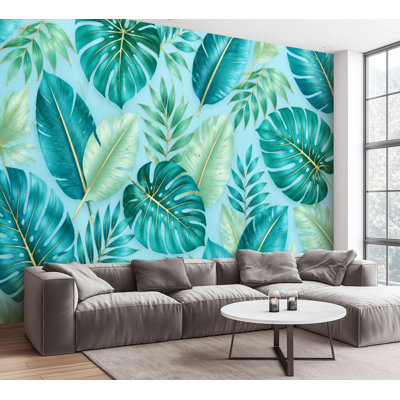 Wall Mural Peel and Stick Wallpaper Turquoise Tropical Green Monstera Palm Leaves Self-Adhesive Removable Contact Paper Wall Decor for Living Room Bedroom 100"H x 144"W