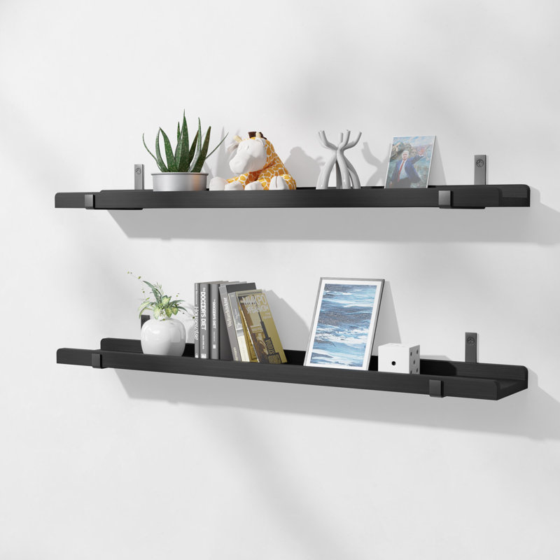  Pine Natural Wood Floating Shelves With Lip, 36 Inches Long Reclaimed Wood Floating Shelves For Wall Storage, Set Of 2 Diy U-shaped Wooden Floating Shelf For Living Room, Bedroom, Kitchen, Black.