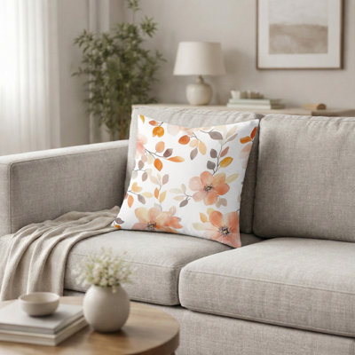 Coussin décoratif Boho - imprimé floral orange et cerisier blanc