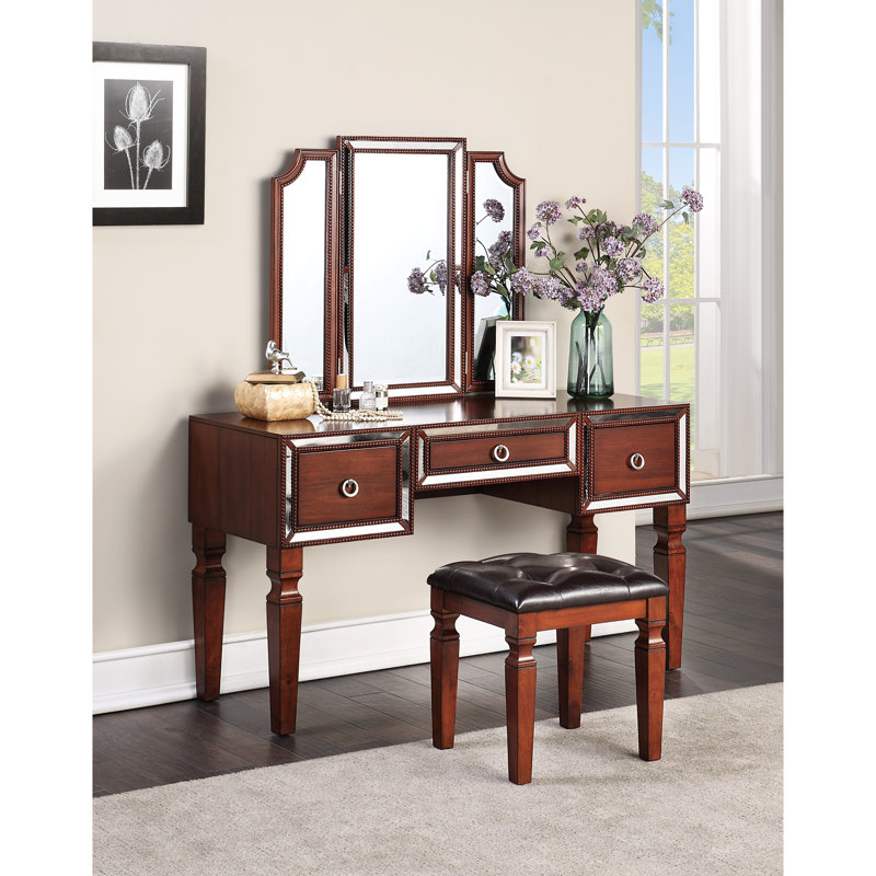 Meuble-lavabo couleur cerise majestueux avec tabouret, 3 tiroirs et miroir Classic Tri