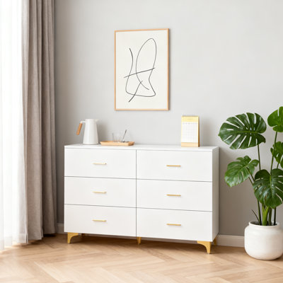 Modern 6-Drawer Dresser with Gold Handles & Triangle Legs, White Storage Cabinet for Bedroom, Minimalist Chest of Drawers