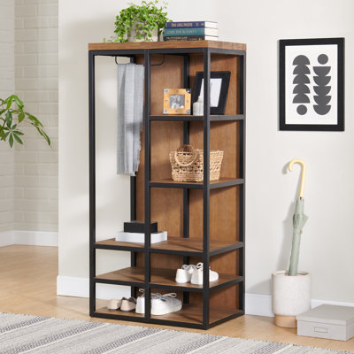 Lloyd 28"W 58"H Rustic Industrial Metal Frame Hall Tree With Covered Back, Shelves And Shoe Storage