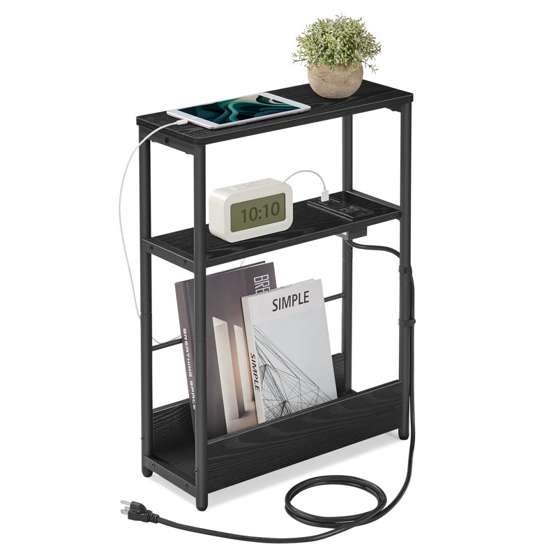 Side Table With Charging Station,magazine Rack, Ebony Black/Ink Black