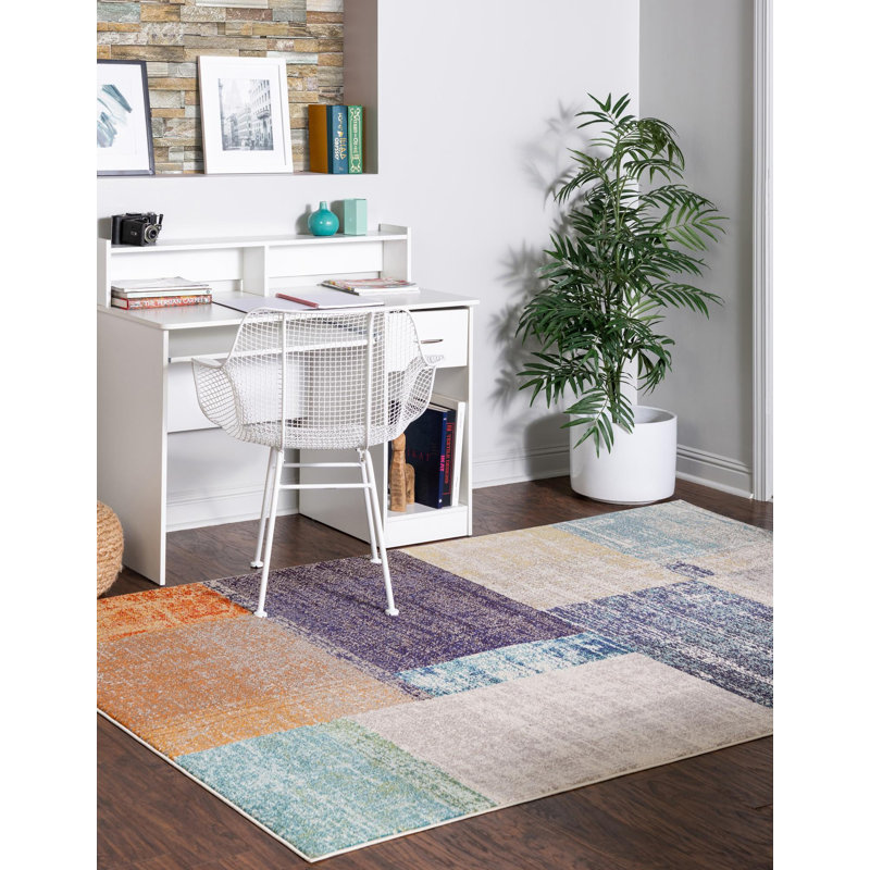  Tapis bleu marine / gris / orange Octagon, Rectangle 7 pi 10 po x 10 pi