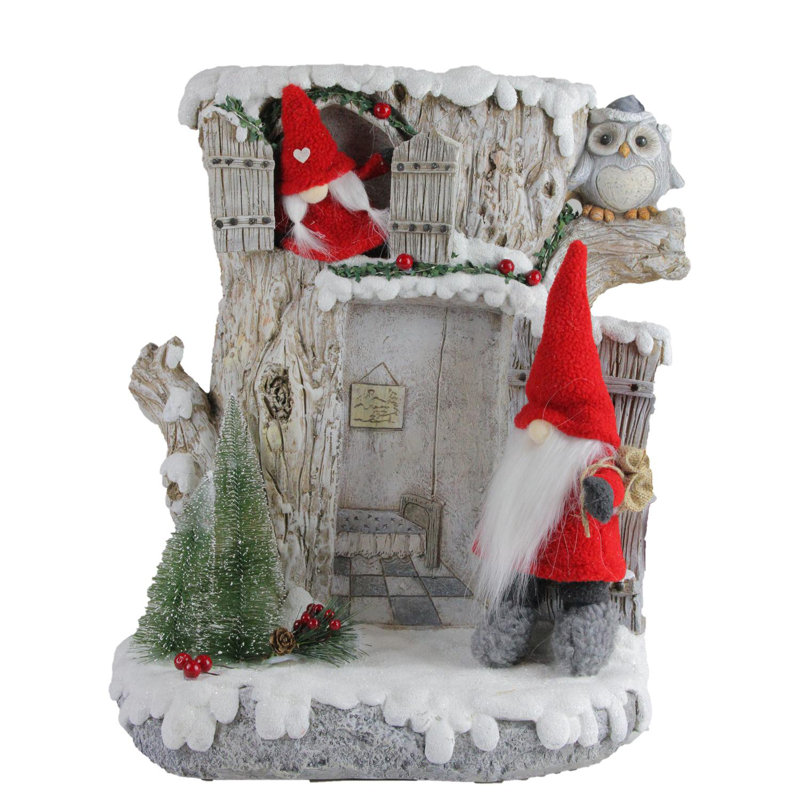 Décoration de Noël 17,5 po à DEL rouge et grise avec couple de gnomes en peluche