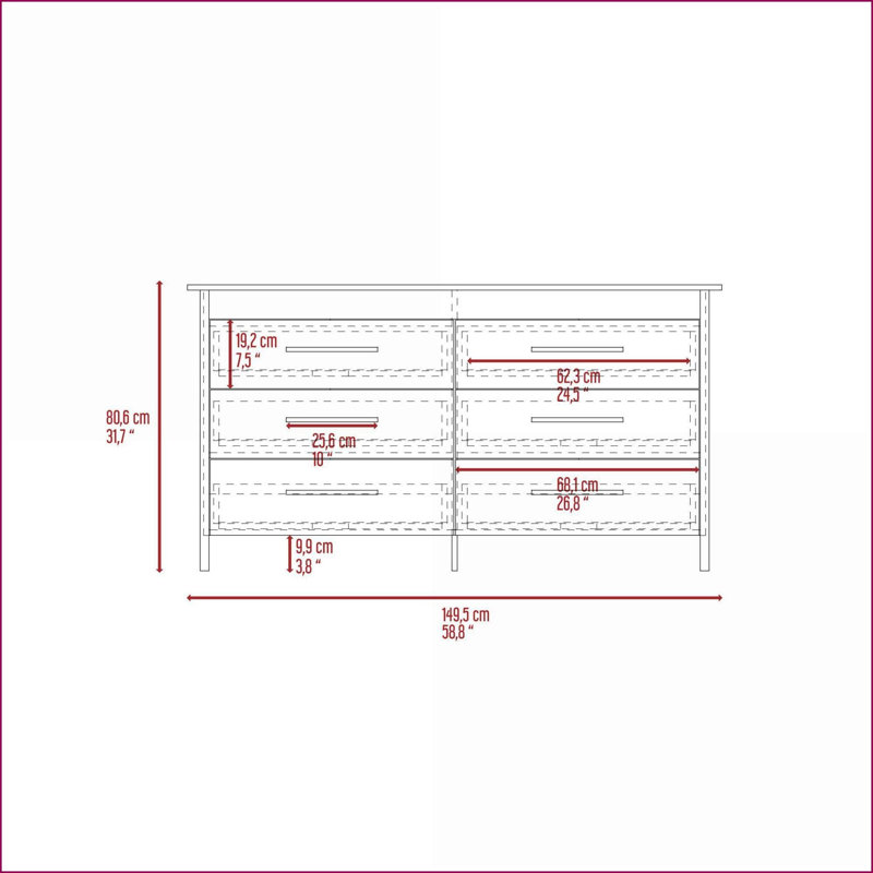 Commode double à 6 tiroirs avec poignées en métal noir, toutes les glissières en métal, H 31,7 po | Blanc | Panneau de particules