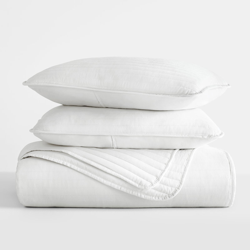 Becky Cameron Lightweight All Season Stripe Stitch Quilt Set with Shams, Twin Quilt + 1 Standard Sham, White