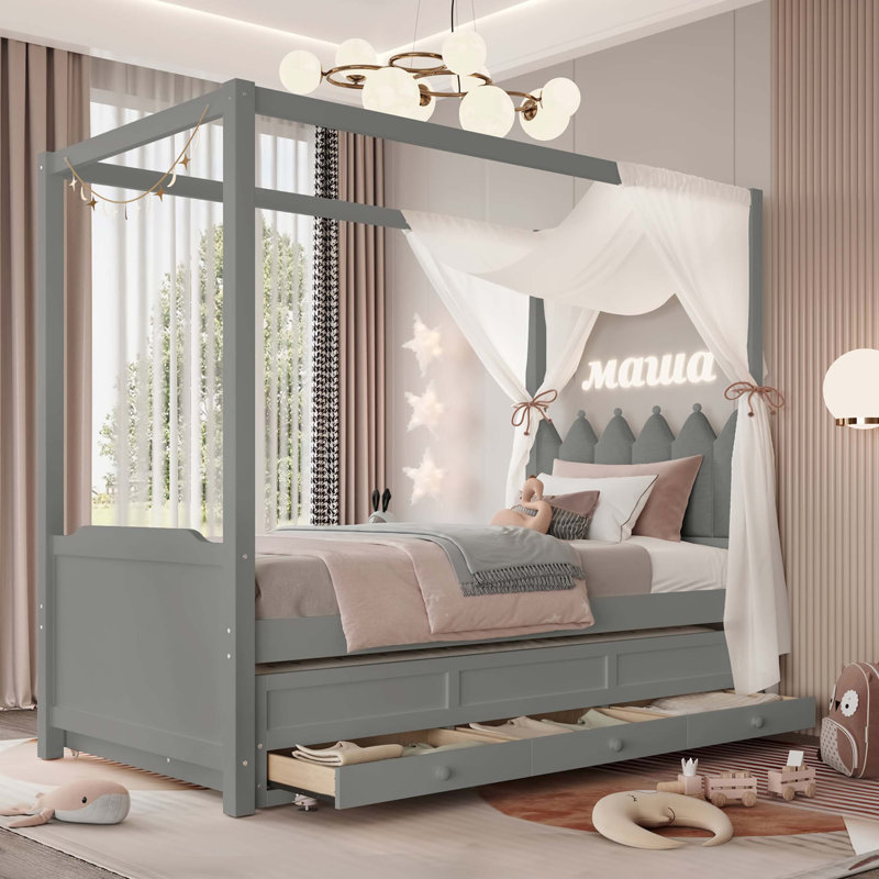 Lit plateforme simple avec tête de lit tapissier, lit gigogne simple et 3 tiroirs, cadre de lit à baldaquin princesse pour enfants, rangement et assemblage facile