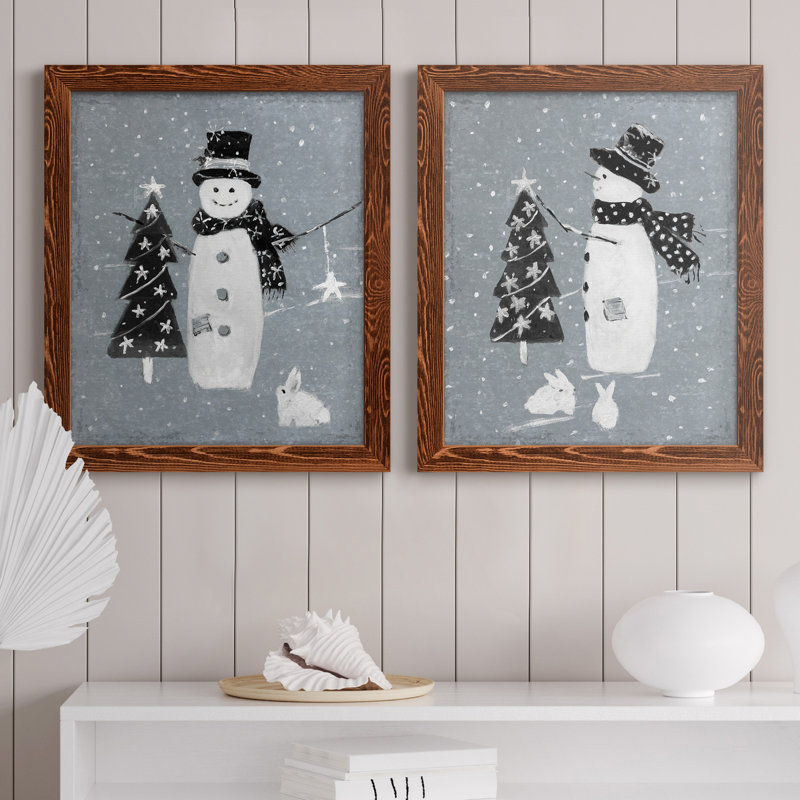«Snowman Galvanized I», ensemble de 2 reproductions, Pas de tapis, Toile avec cadre érable, H 20 po x l 17 po x P 1 po