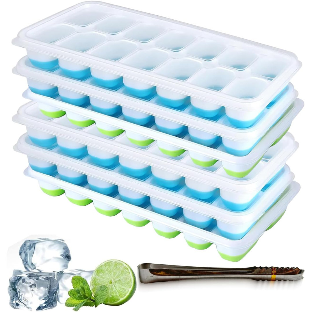 Mantraraj Silicone Ice Cube Trays 6 Pack With Non-Spill Removable Lids And Ice Tong Easy To Remove Ice Cube Tray