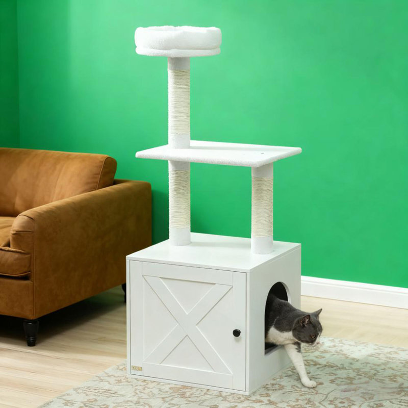 Arbre à chat blanc avec bac à litière