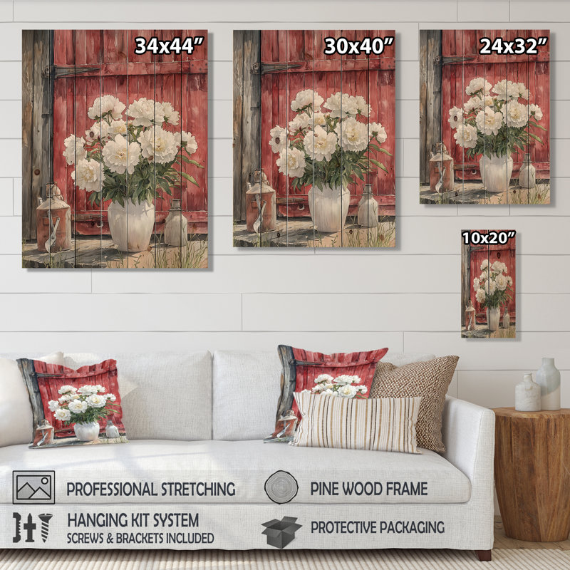 Peonies Into The Dairy Shed III - Peonies Wood Wall Art - On Natural Pine Wood, 20" H x 10" W x 0.78" D