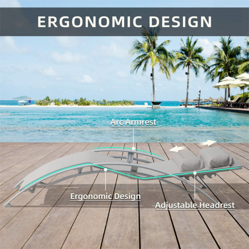 Pool Lounge Chairs Set Of 3, Adjustable Aluminum Outdoor Chaise Lounge Chairs With Metal Side Table, All Weather For Deck Lawn Poolside Backyard (2 Lounge Chair+1 Table)
