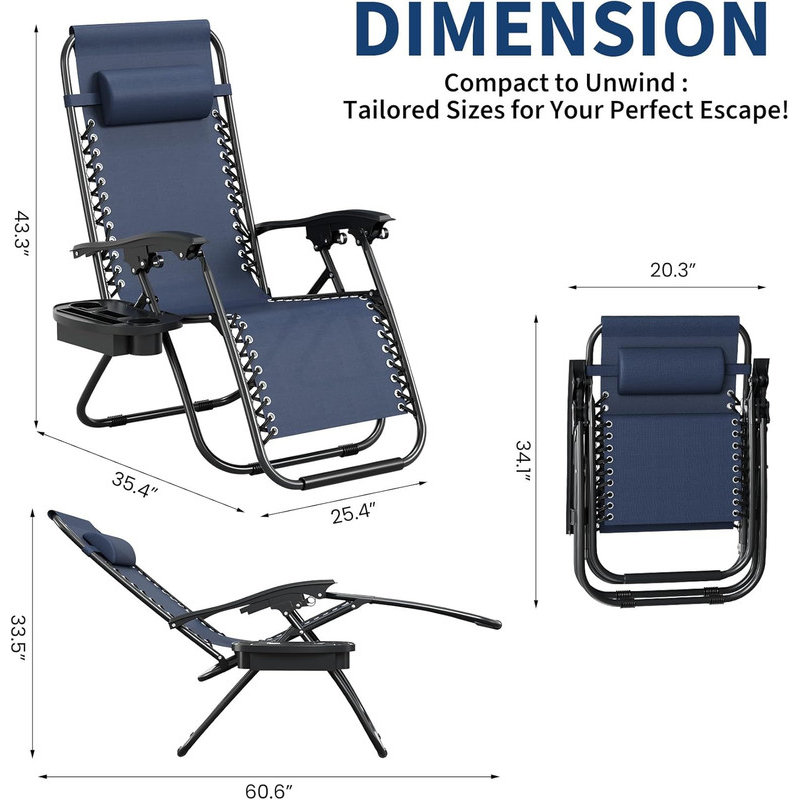 Set of 2   Chairs with Pillow & Cup Holder Tray. Adjustable Reclining Patio Lounge. Folding Portable Camping Chair for Deck. Beach. Yard. Garden