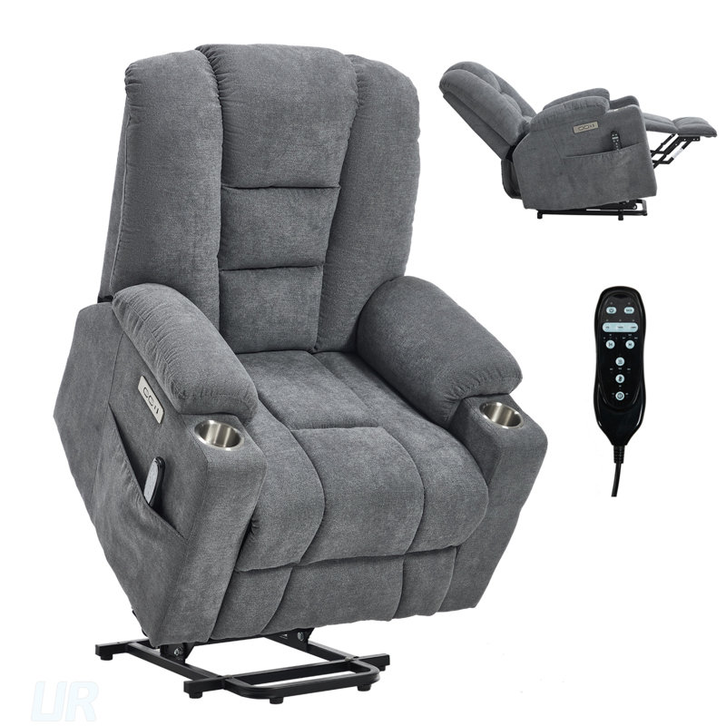Lift Recliner Chair With Massage, Heat, USB And Type C Ports, 2 Steel Cup Holders For Elderly Comfort, Gray