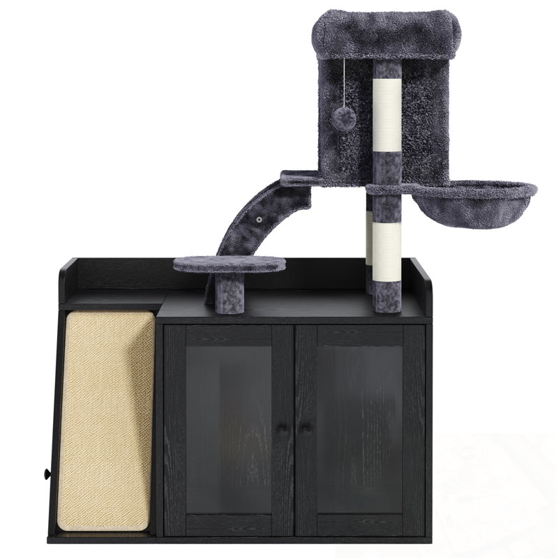 Enceinte de litière avec arbre à chat, lumière DEL, planche à griffer en sisal et espace de rangement, Noir