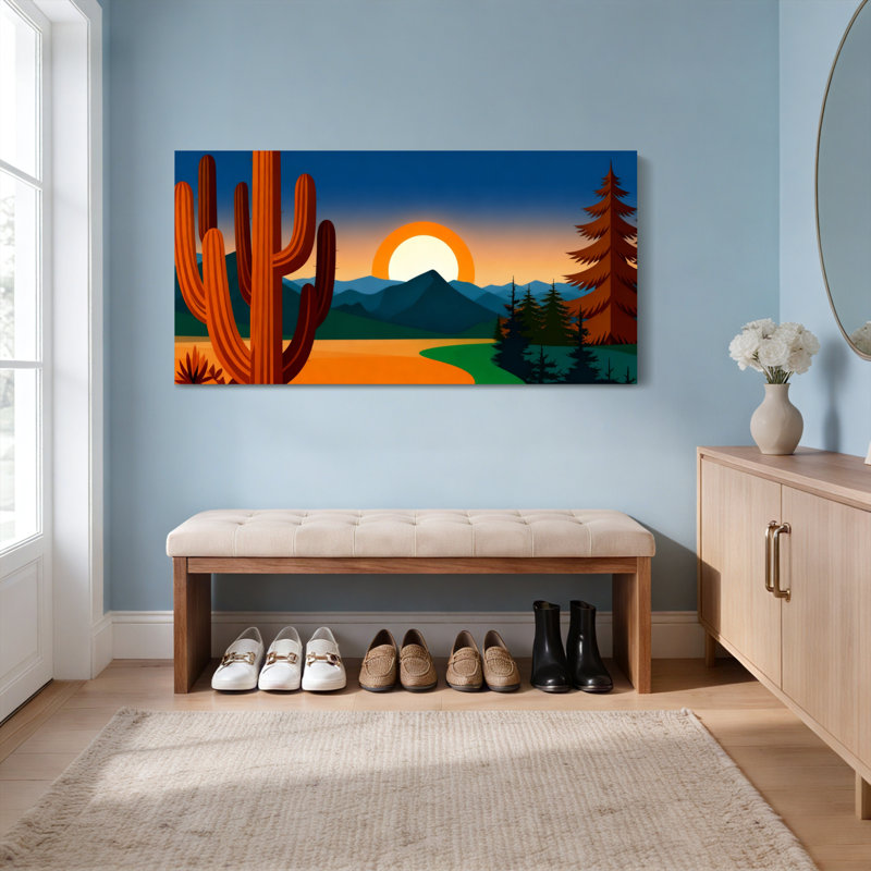 Ensemble de 1 tableau sur toile tendue représentant un cactus du désert et un coucher de soleil sur la montagne