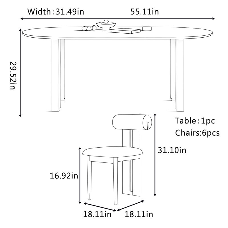 Ensemble de table et chaises de salle à manger French Vintage, H 29,52 po x L 55,11 po x l 31,49 po