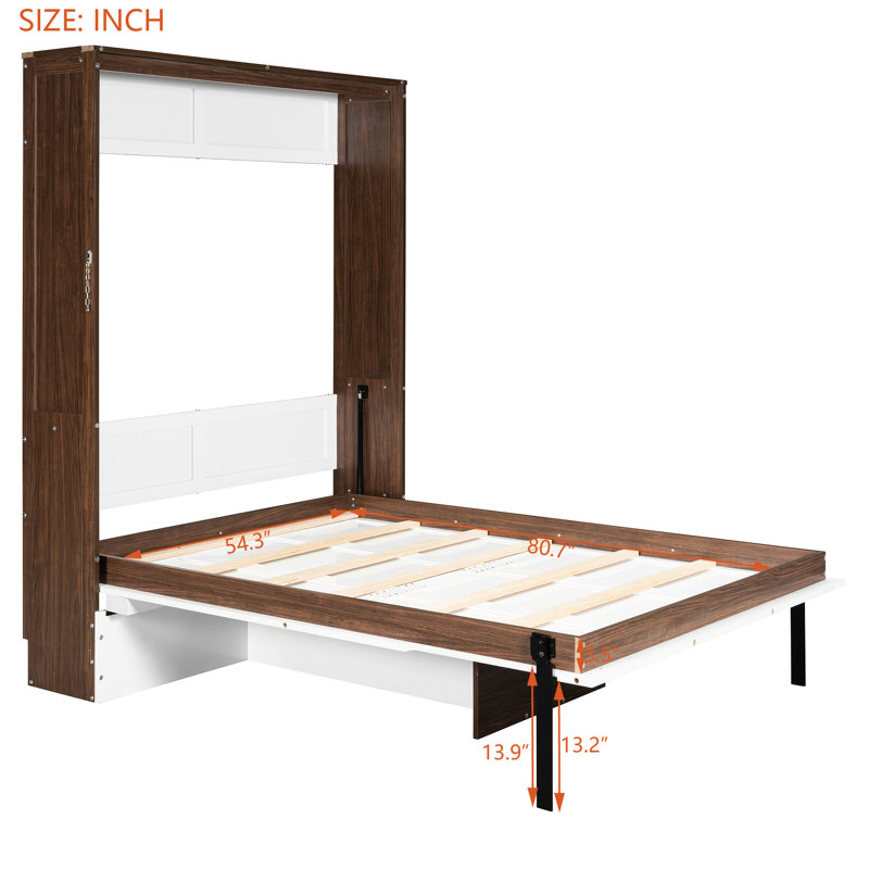 Lit mural double pleine grandeur avec bureau pliable, accents noyer et blanc, convenant aux décors scandinaves et décoratifs, lit de bureau à structure en bois massif, look deux tons, parfait pour les petites unités locatives