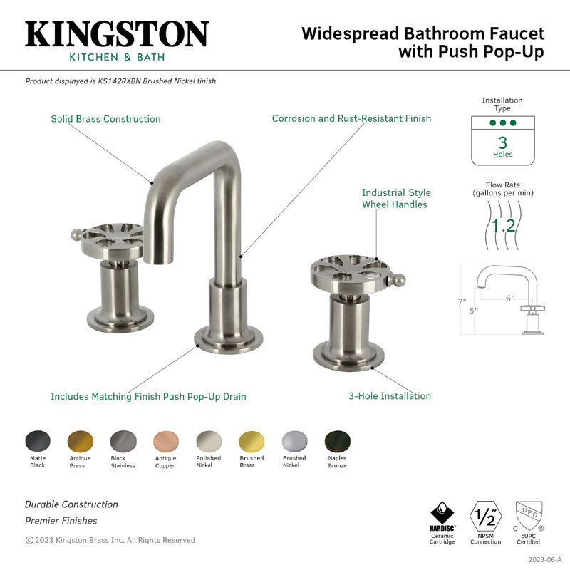 Kingston Brass Belknap Two-Handle 3-Hole Deck Mount Widespread Bathroom Faucet with Push Pop-Up Drain, Antique Brass