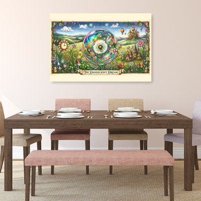 The Dandelion'S Dream Colorful Playful Vibrant Butterfly Cat Dandelion Flower Landscape Wall Art Print by Katie Towers - Wrapped Canvas Print