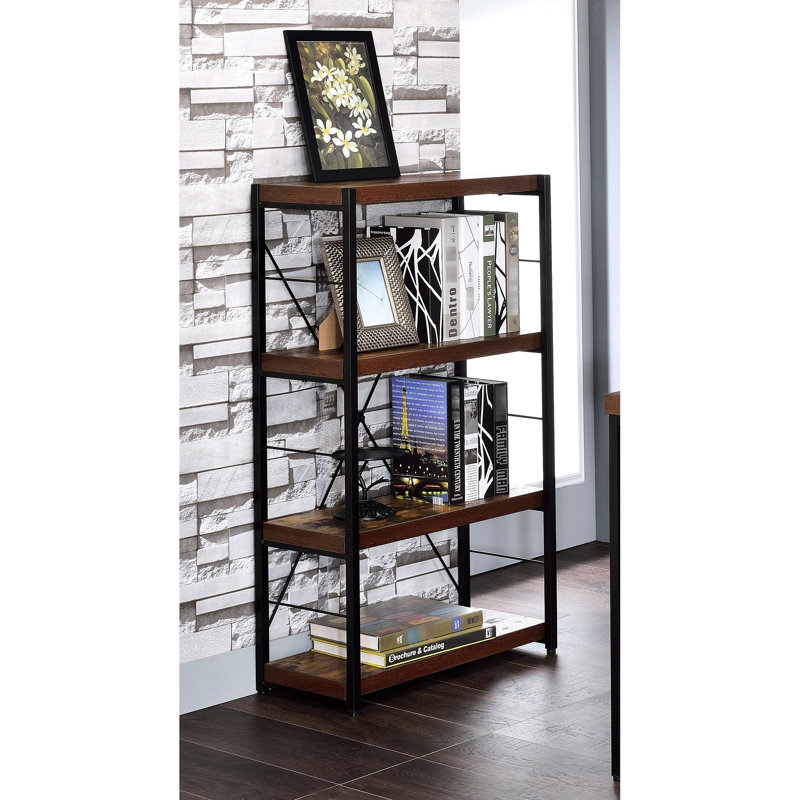 Weathered Oak And Black Bookcase With Shelf Construction Metal Legs Elegant 3-Shelf Finish For A Home