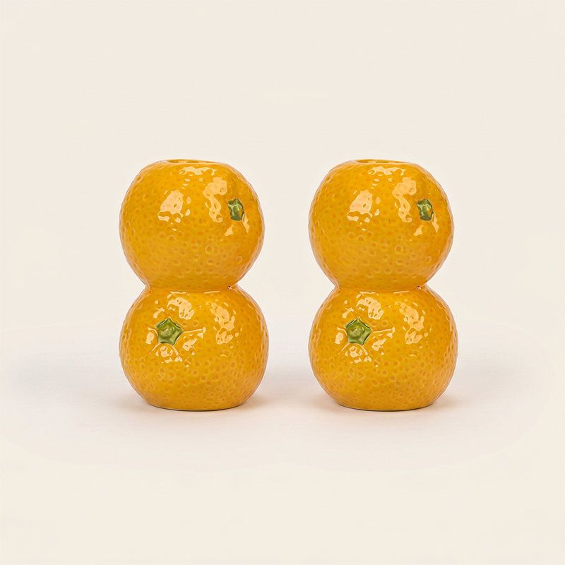 Ensemble de 2 porte-bougies en céramique de mandarine et de mandarine - Porte-bougie empilée réaliste pour table de salle à manger, buffet et décoration intérieure