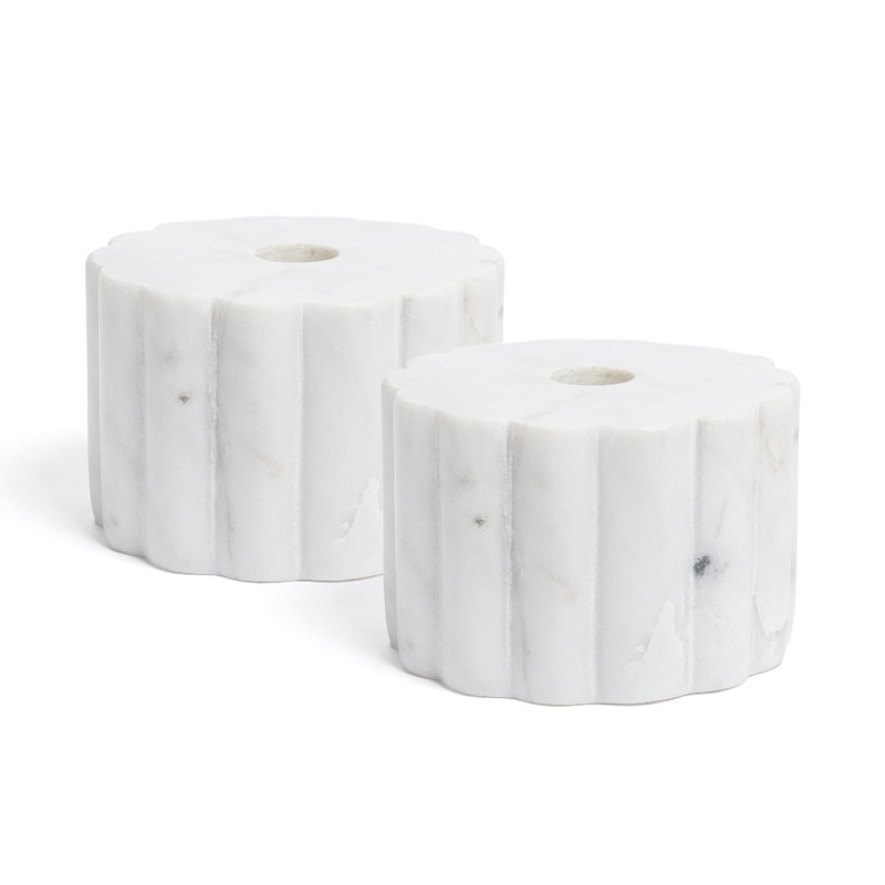 over&back Set of 2 100% Marble Ribbed Candle Holders - Decorative Standard Taper Candle Holder Set