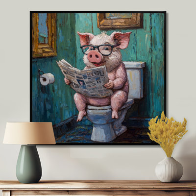 Kenniyah Toilet Pig Reading The Newspaper II - pig Wall Art