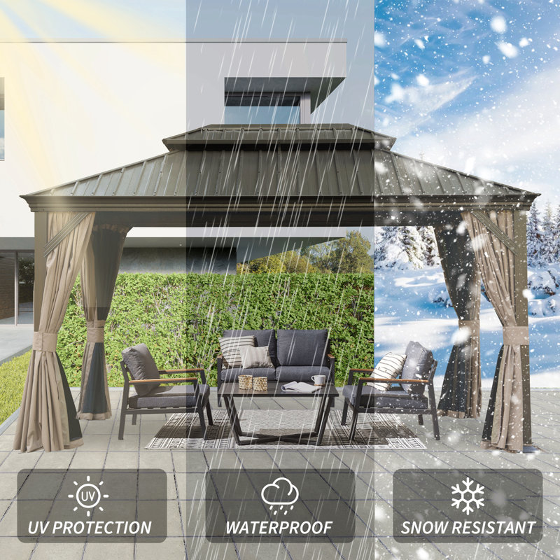 Pavillon de jardin à toit rigide de 12 pi x 14 pi, pavillon de jardin en métal amélioré avec système de drainage, toit en acier galvanisé à double couche, rideau et filet, auvent d'abri extérieur pour patio, jardin et cour arrière