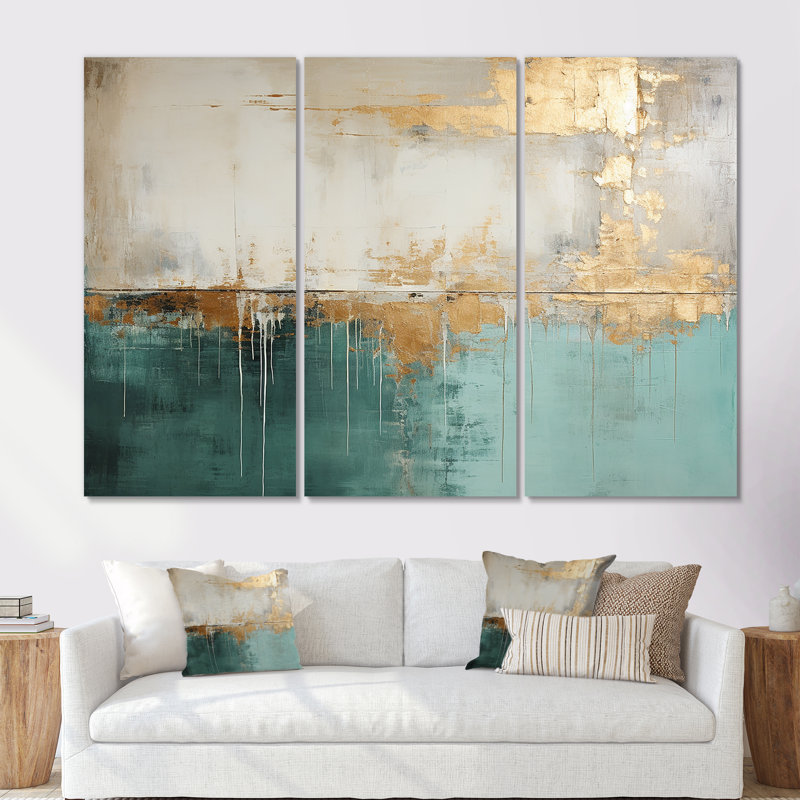 Minimalisme doré et bleu sarcelle horizon - ensemble de décorations murales abstraites, H 40 po x l 60 po x P 1 po