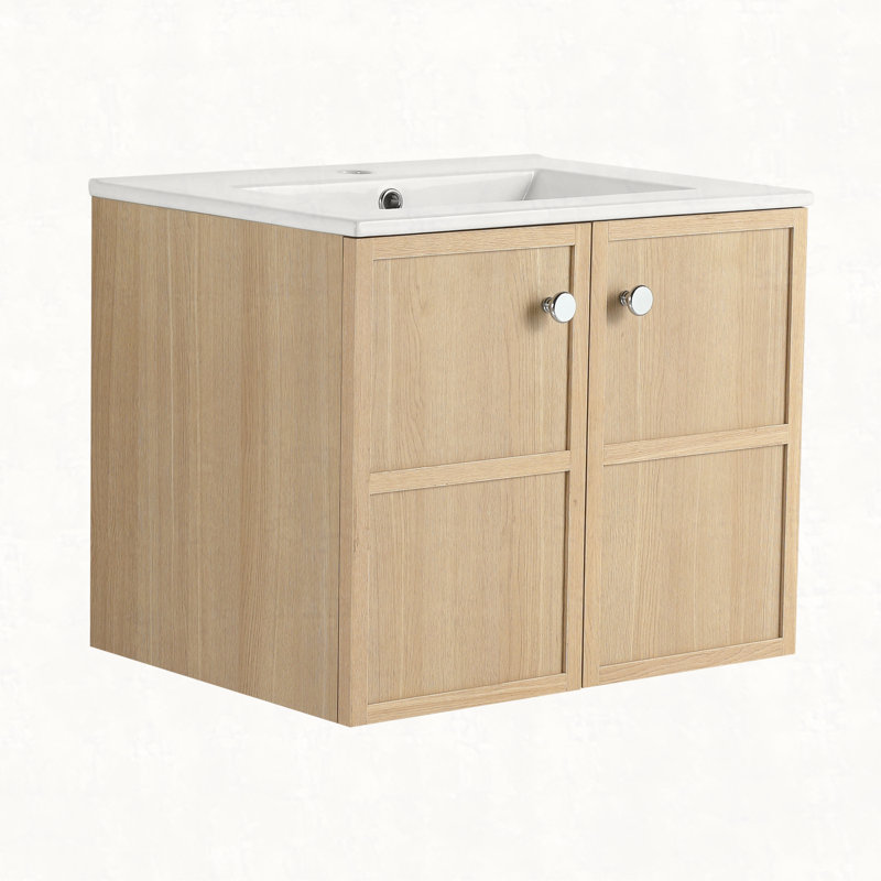 Meuble-lavabo mural avec lavabo en céramique, 2 portes à fermeture douce, chêne, contreplaqué, 24"