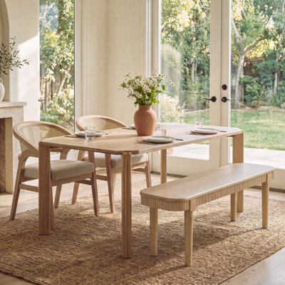 Zellan Mid-Century Modern Wood Dining Table and Bench Set with Fluted Details, Dining Room