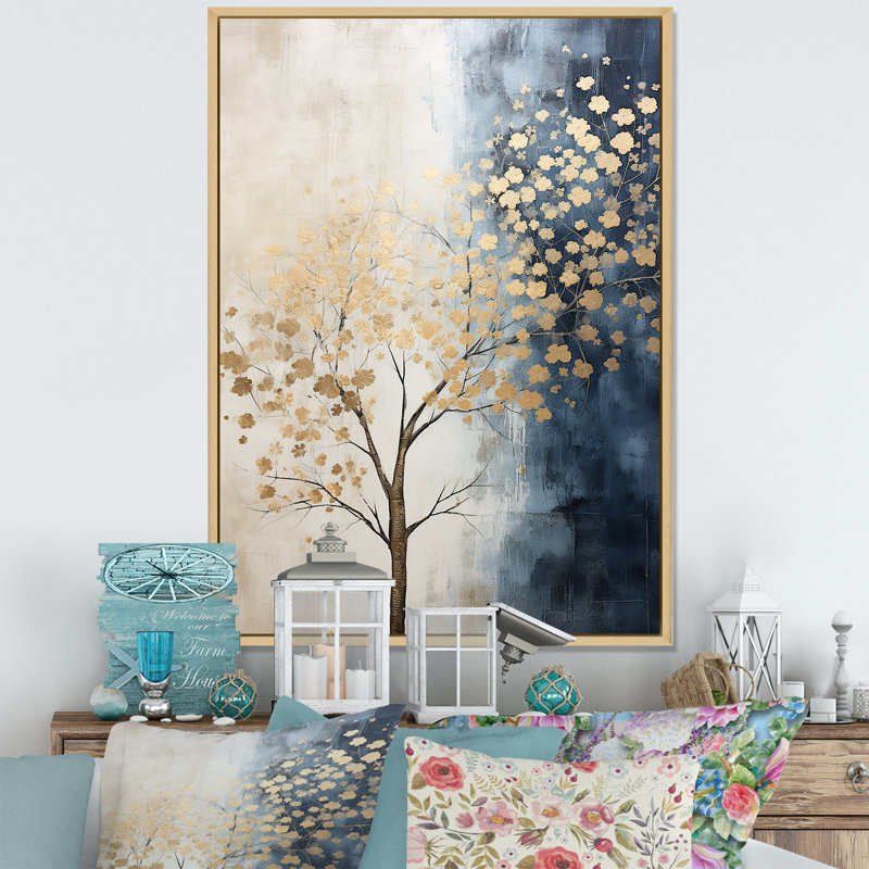 Paysage de trésors dorés et bleus encadrés sur toile, Cadre naturel flottant, H 40 po x l 30 po x P 1,5 po