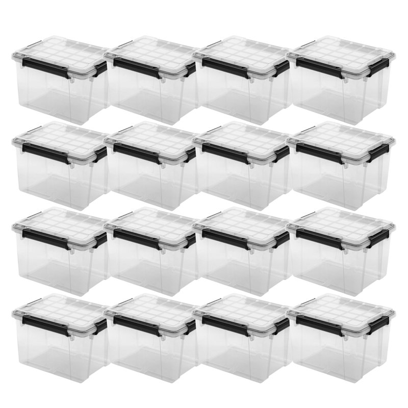 Sterilite 34Qt Gasket Box, Stackable Storage Container with Lids, Black, 16 Pack