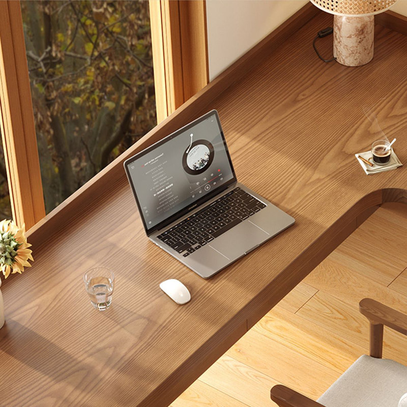 Bureau en bois massif brun en forme de L avec 3 tiroirs, H 29,53 po x l 62,99 po x P 47,24 po, Orienté à droite