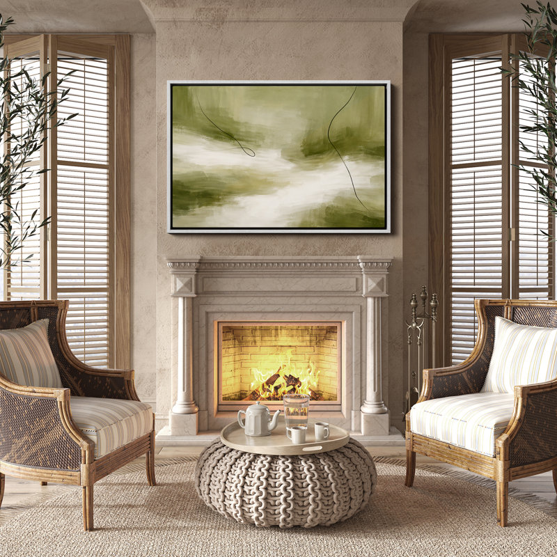 «Modern Modern Green Landscape with Flowing Line Accents», art mural encadré, H 16 po x l 24 po, Blanc