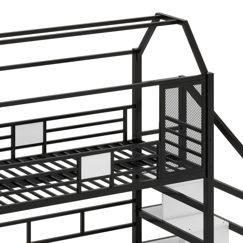 Metal House Loft Bed With Slide,Stairs And Storage Shelves, Black