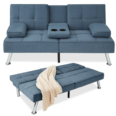 Latsia Modern Linen Convertible Futon Sofa Bed w/ Removable Armrests, Metal Legs, Cupholders