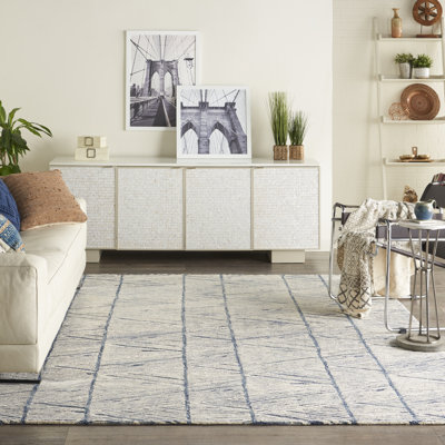 Beva Geometric Handmade White/Blue Area Rug