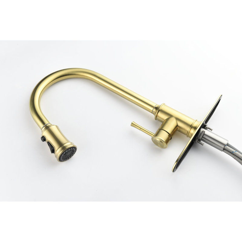Single Level Brushed Gold Kitchen Faucet - Stainless Steel With 360 Rotating Pull Down Spray Head For Versatile Use Tap Efficient Water Use, 17 In. Depth