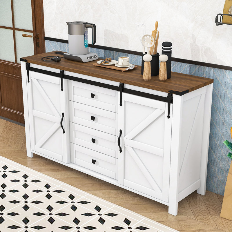 Rustic Storage Sideboard with 4 Drawers, Sliding Barn Doors and Built-In Power Outlet, Brown/White