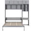 Grand lit en gris, avec trois armoires spacieuses, des tablettes intégrées et un bureau, un design peu encombrant pour les petits espaces avec finition grise, armoire supérieure, étagères, espaces optionnels, matelas-129632319