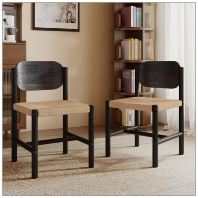 Ensemble de chaises de salle à manger en bois avec assise en corde de papier beige et conception sans accoudoirs idéale pour la maison et la cuisine