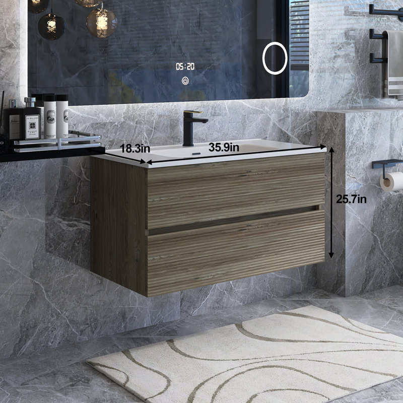 Grand meuble-lavabo mural moderne pré-assemblé en chêne brut avec lavabo en céramique intégré