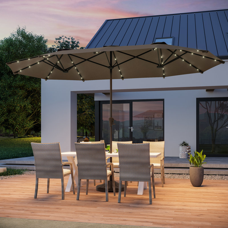 Parasol à DEL double face 13 x 7,2 pi avec auvent résistant aux rayons UV et manivelle pour jardin, Taupe