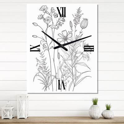 Minimal Wildflowers Drawing Black On White - Wildflowers Very Wall Clocks
