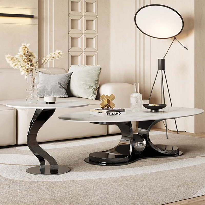 Modern simple oval rock plate coffee table, 15.7" H x 51.2" L x 27.6" W, Black Titanium