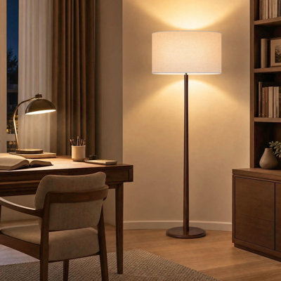 Lampadaire moderne de 155 cm en bois massif naturel avec abat-jour cylindrique en lin beige, certifié cULus, idéal pour le salon, la chambre, le bureau ou la salle d'étude.