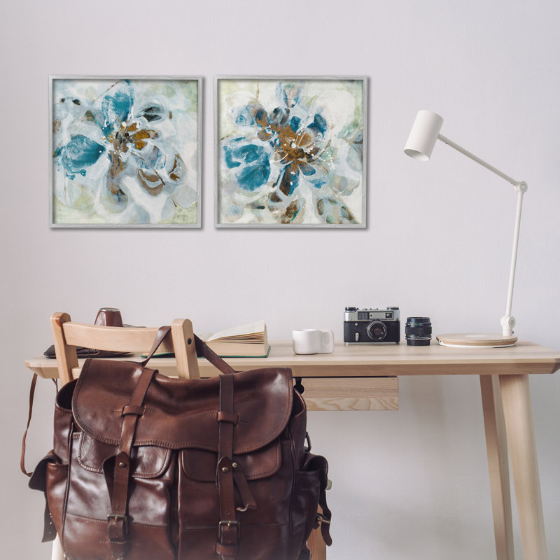 «Teal Abstract Flower Petals», ensemble de 2 giclées encadrées par Liz Jardine, Estampe numérique Farmhouse